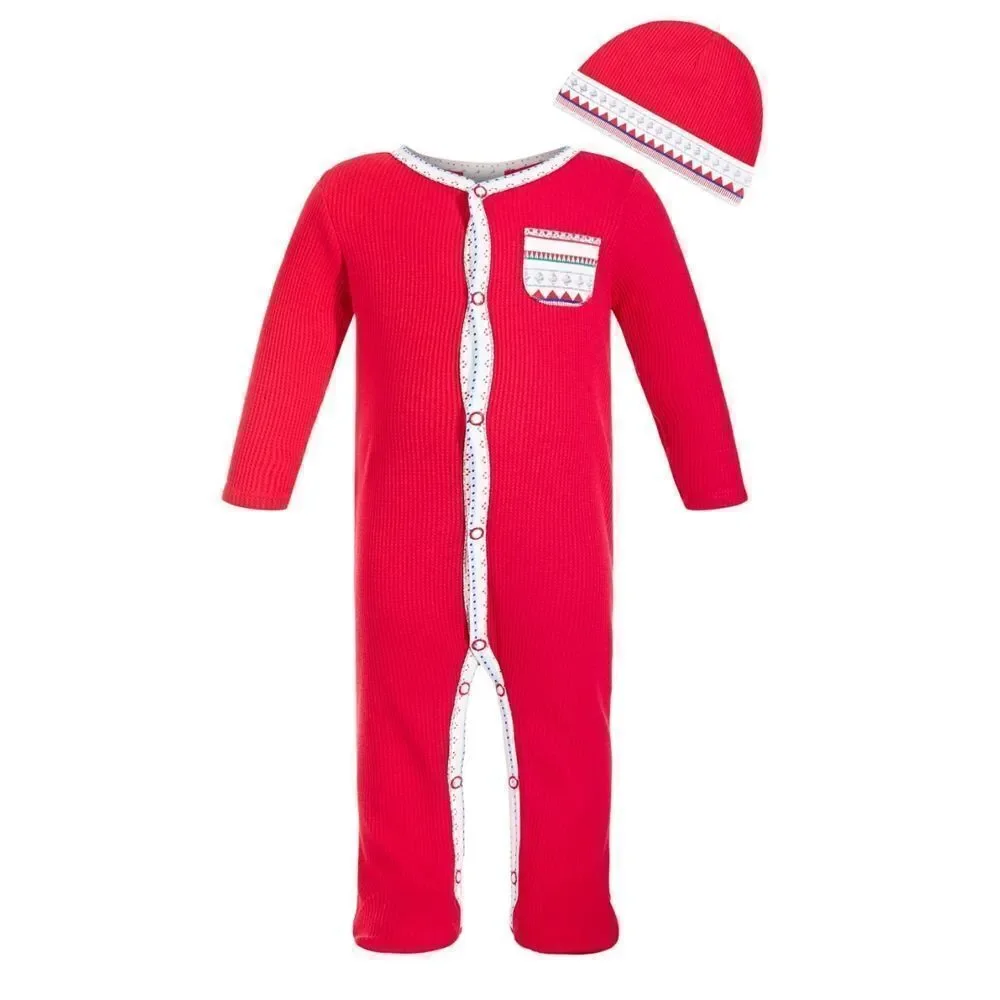 First Impressions Holiday Christmas Jumpsuit Romper Coverall Hat Set 0-3…